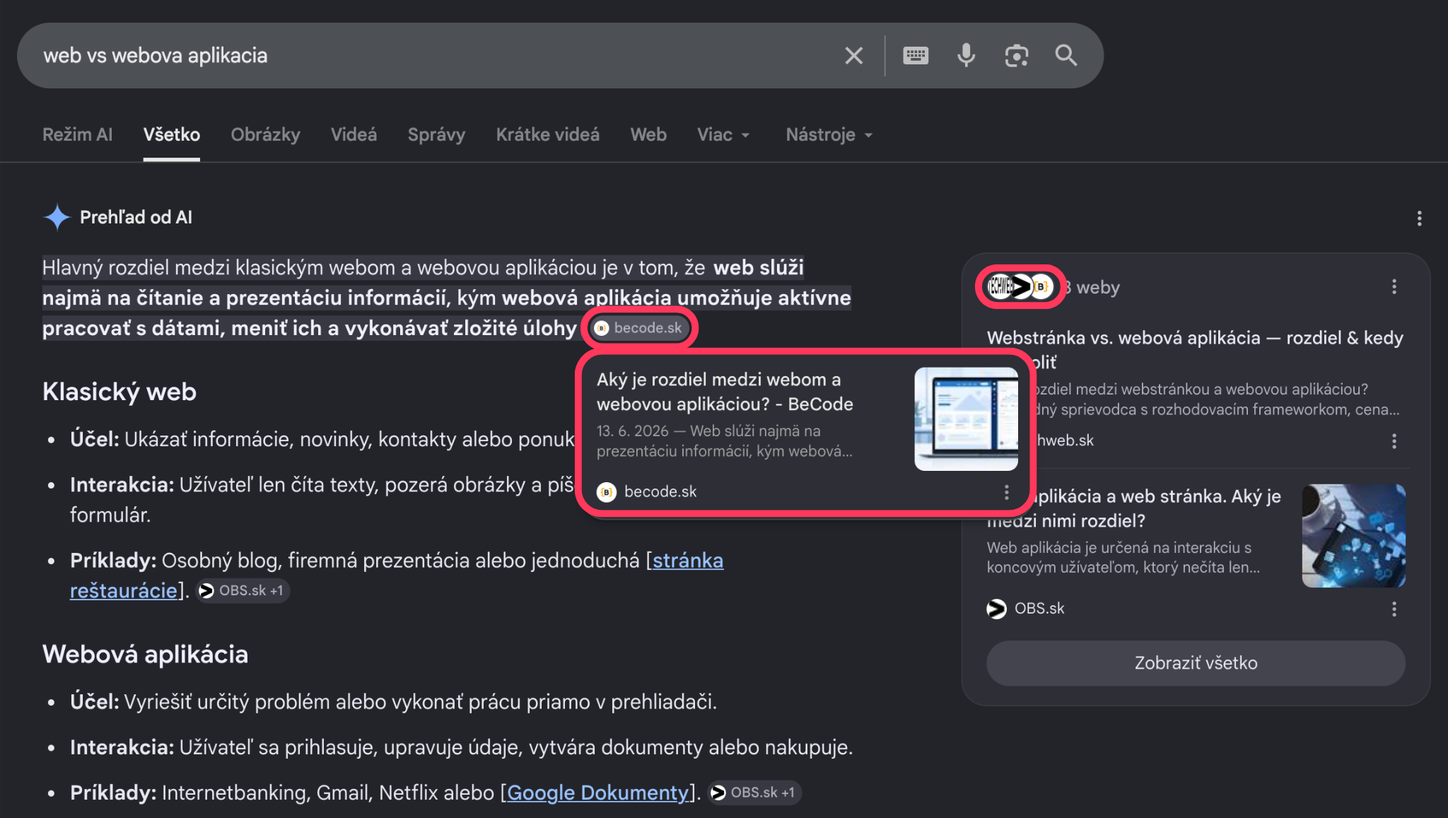An AI Overview citing the article “Website vs web application”