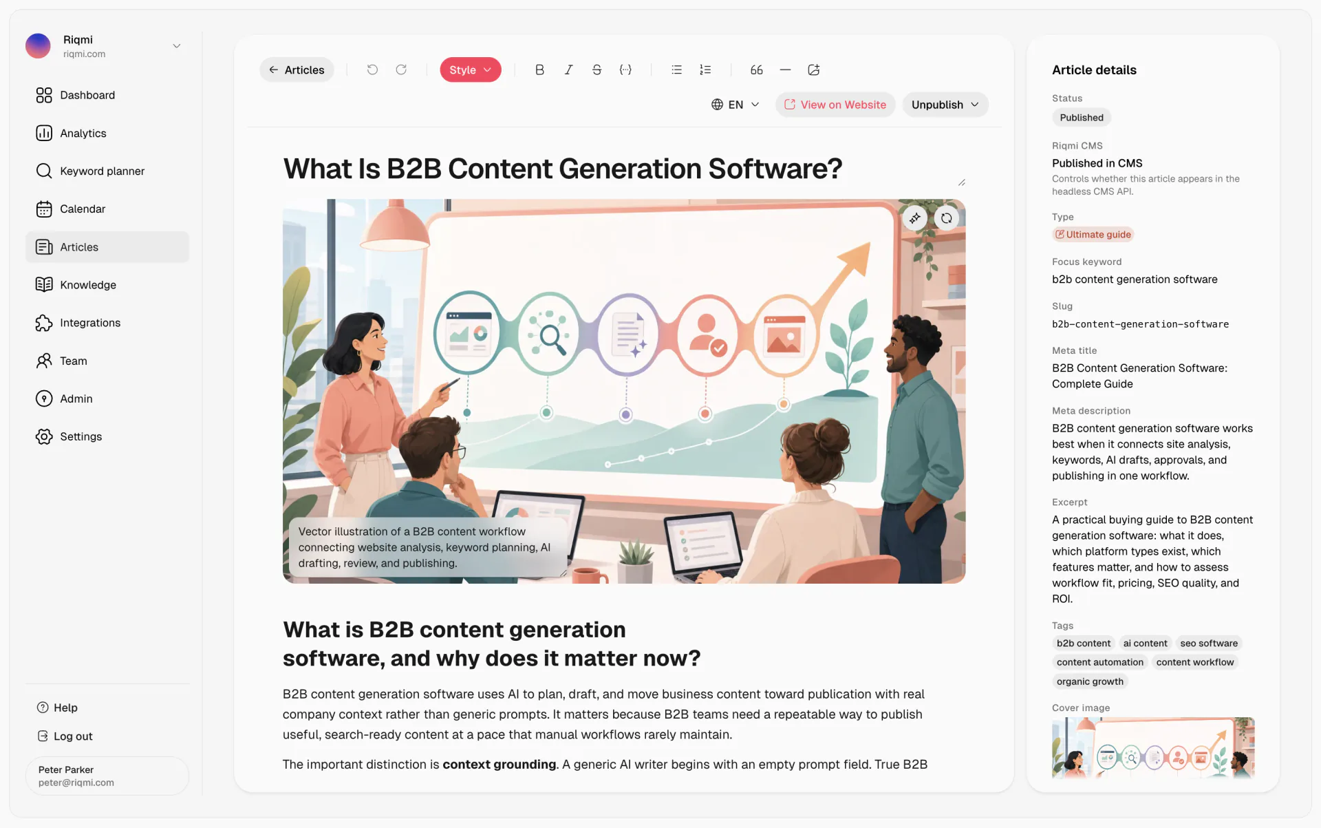 Article editor with SEO metadata for a published guide