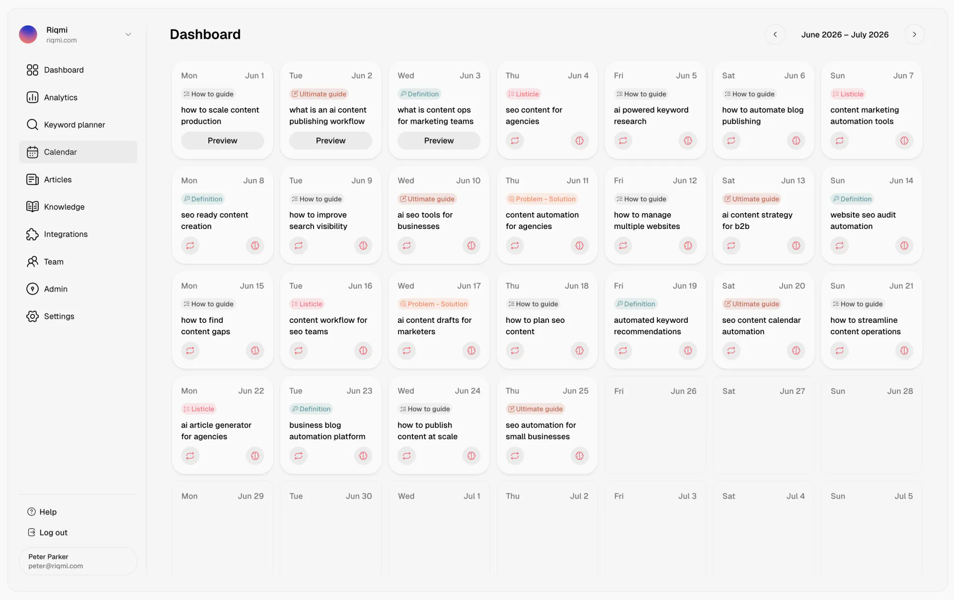 Content calendar with scheduled SEO articles