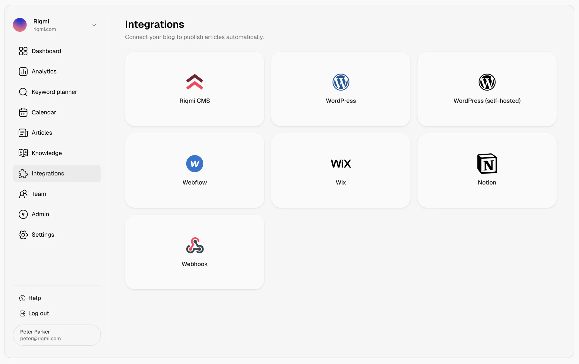 Integrations page for connecting WordPress, Webflow, Wix, and Notion