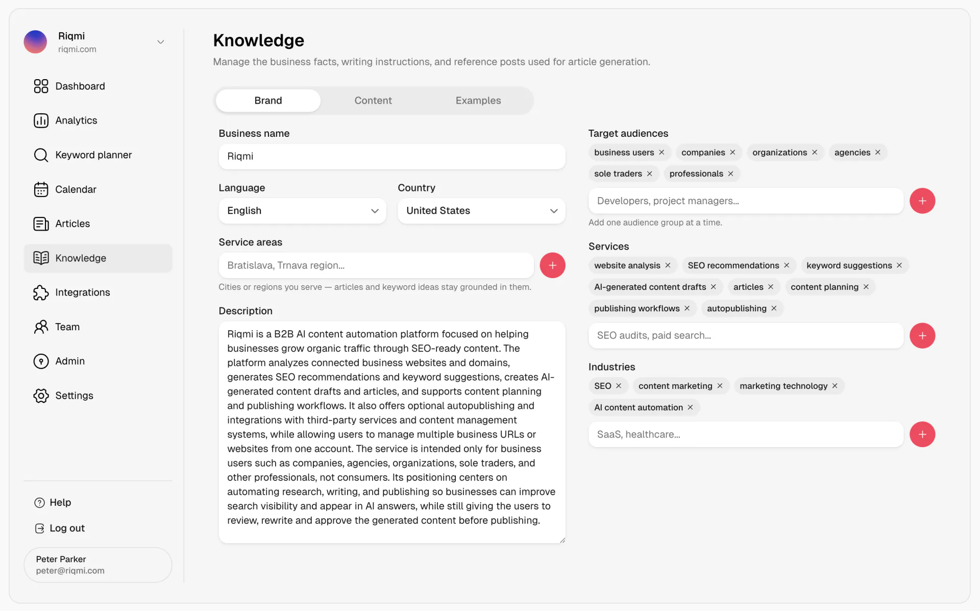 Knowledge settings showing brand facts used for article generation