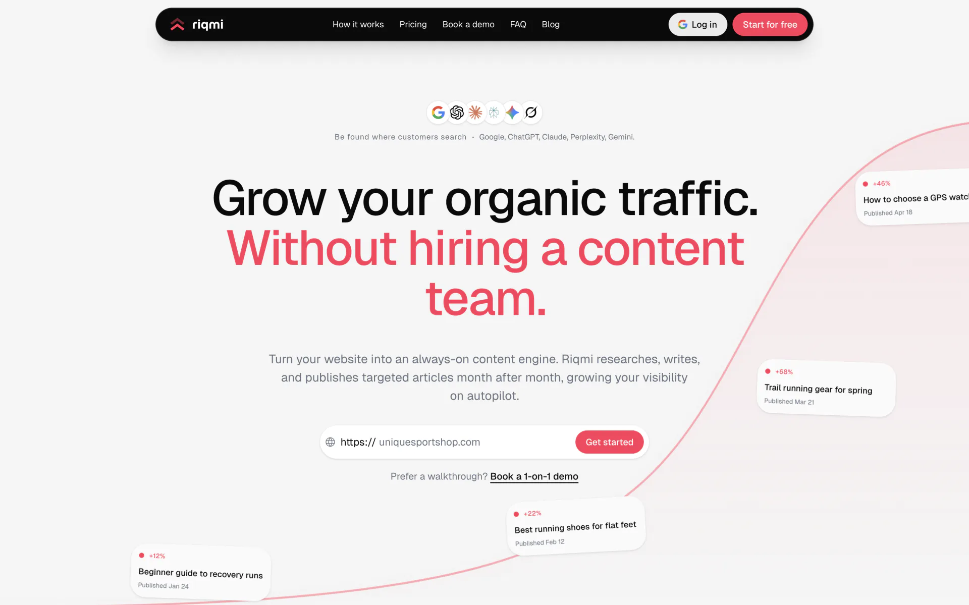 Riqmi landing page with a URL input to get started